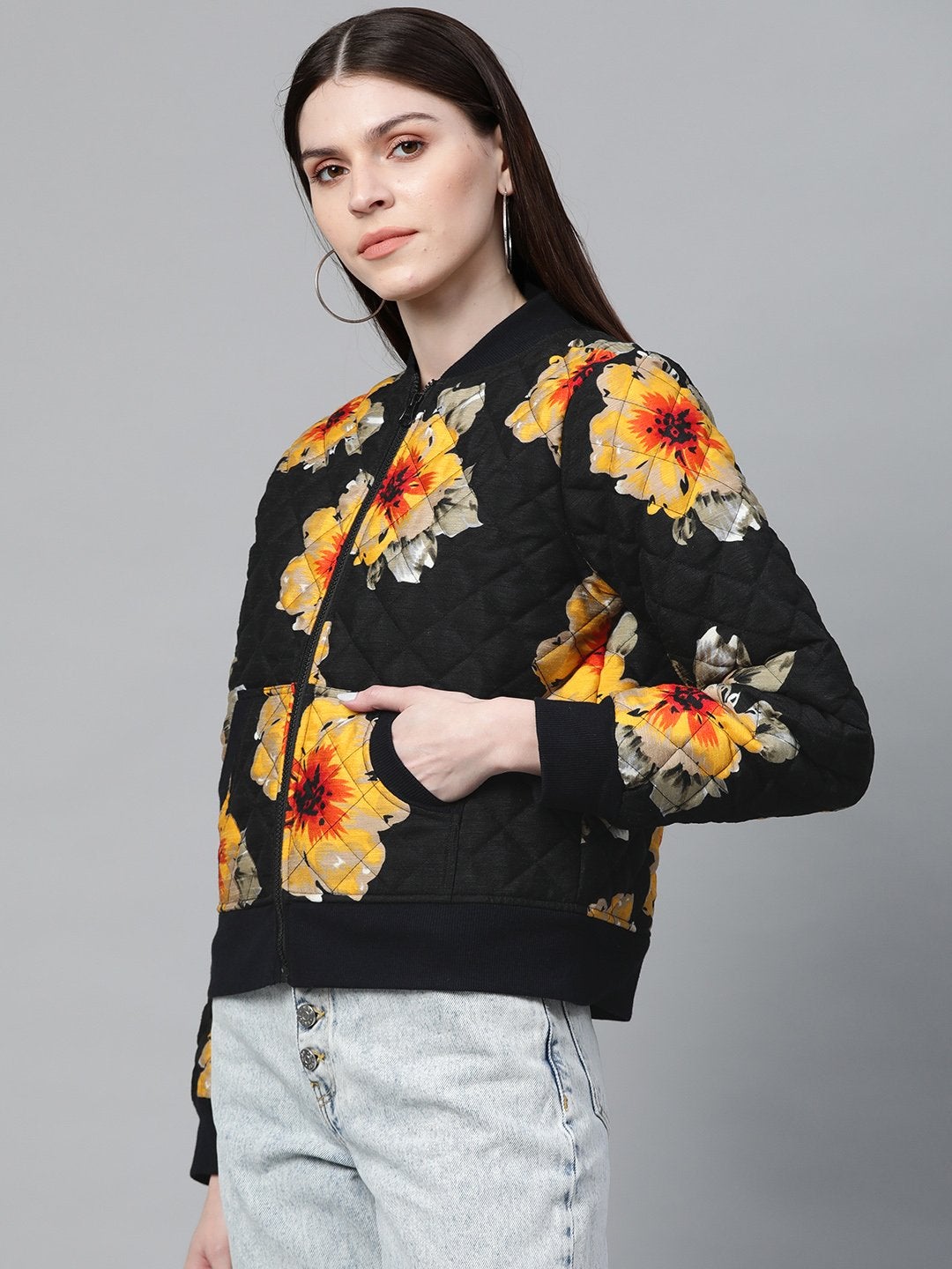 Women's Black Floral Polysilk Bomber Jacket - SASSAFRAS