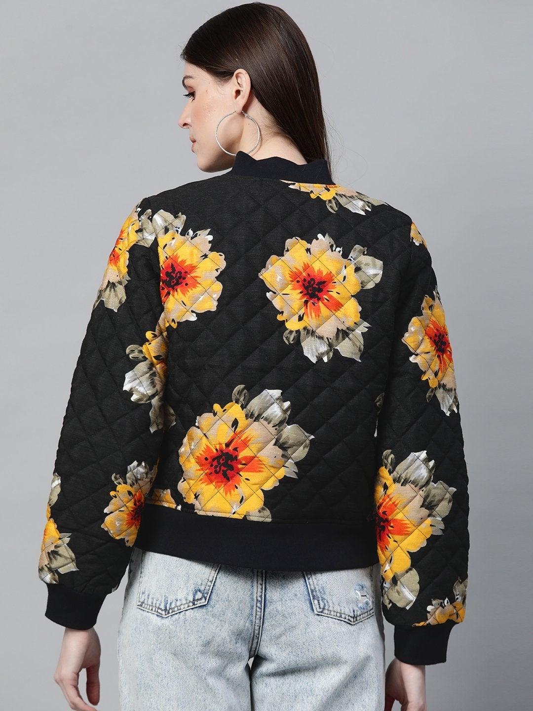 Women's Black Floral Polysilk Bomber Jacket - SASSAFRAS