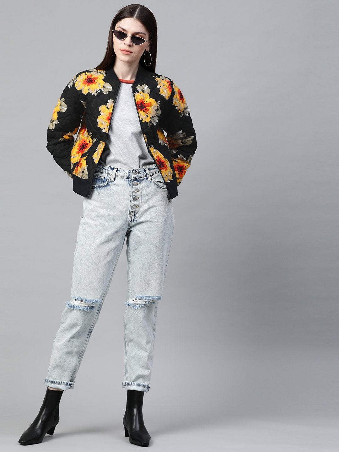 Women's Black Floral Polysilk Bomber Jacket - SASSAFRAS