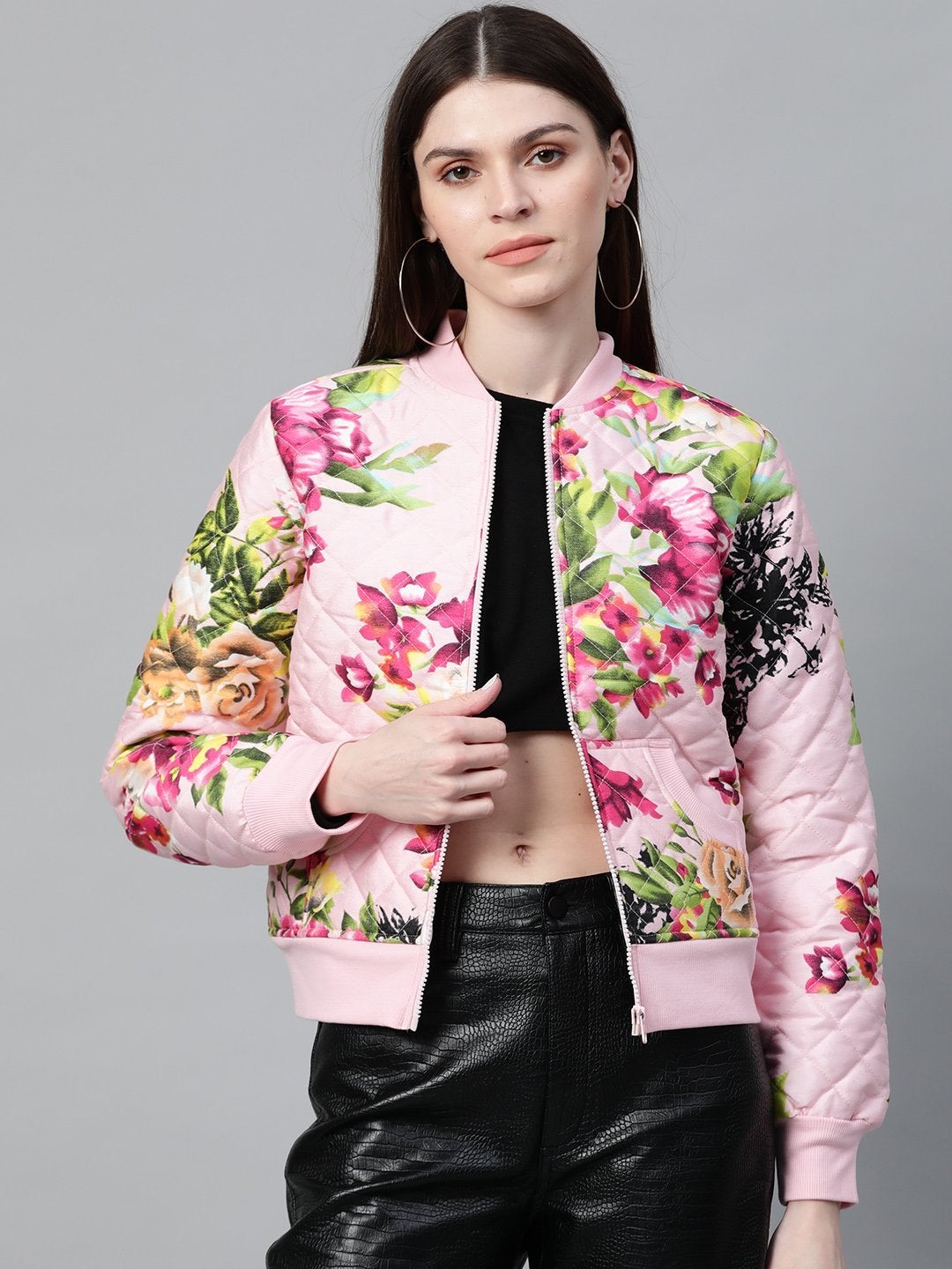 Women's Pink Floral Polysilk Bomber Jacket - SASSAFRAS