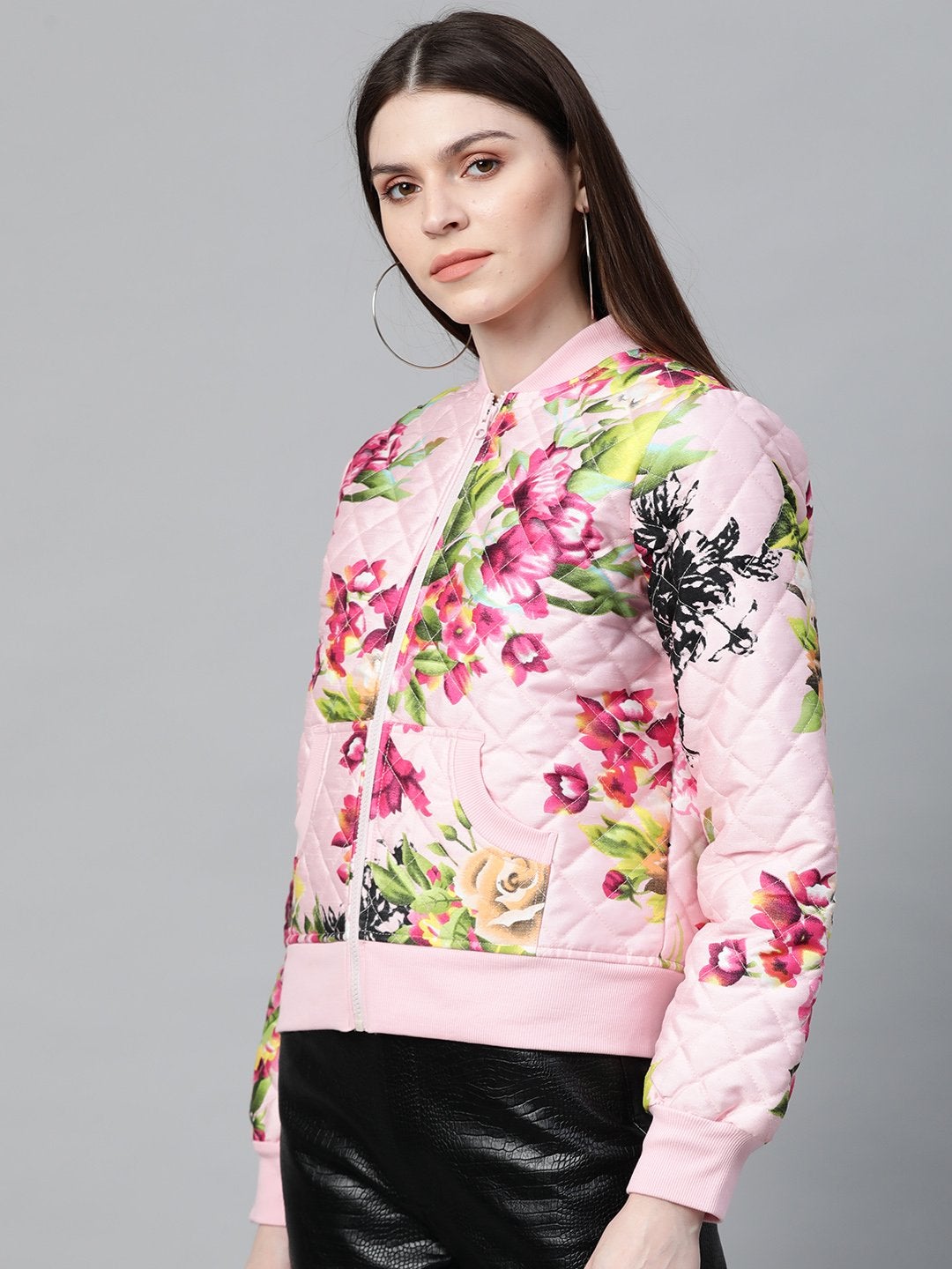 Women's Pink Floral Polysilk Bomber Jacket - SASSAFRAS