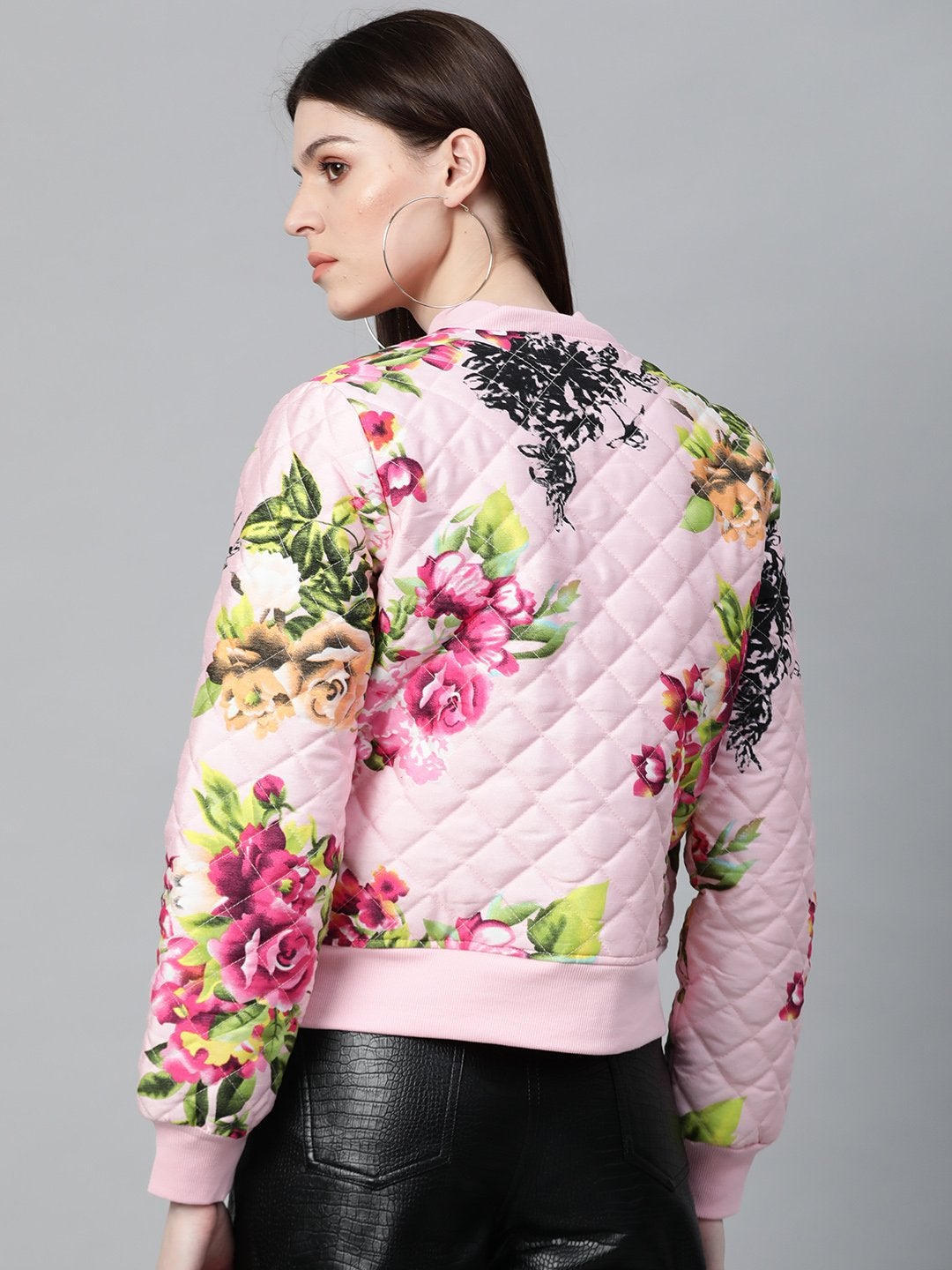 Women's Pink Floral Polysilk Bomber Jacket - SASSAFRAS