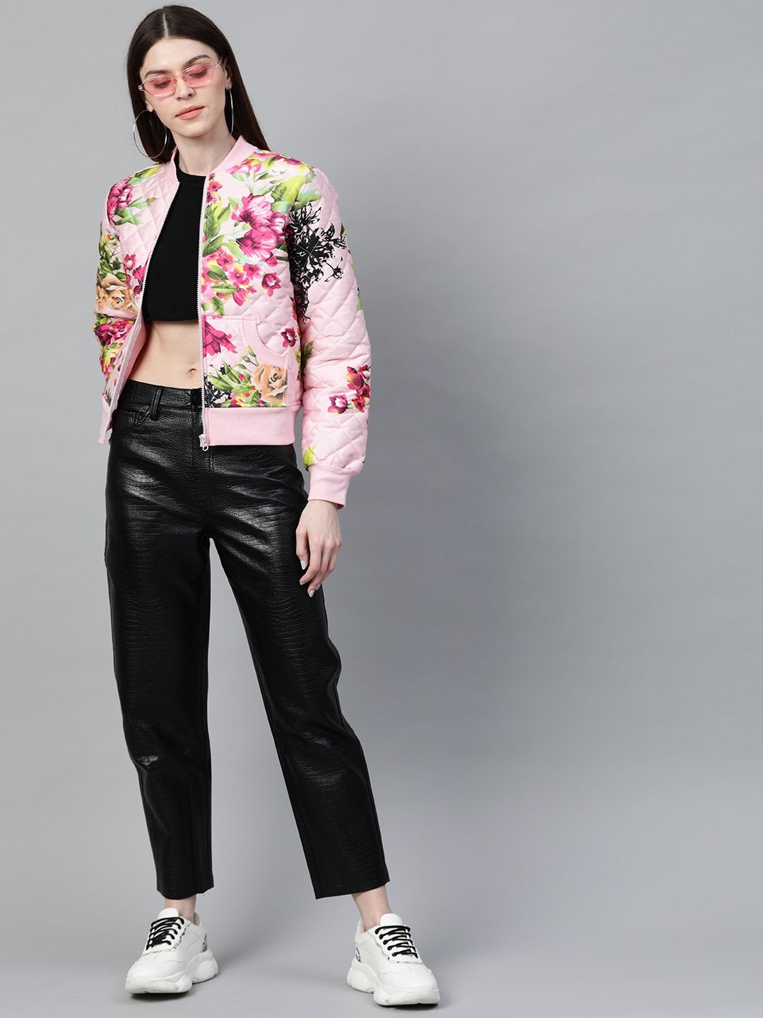 Women's Pink Floral Polysilk Bomber Jacket - SASSAFRAS