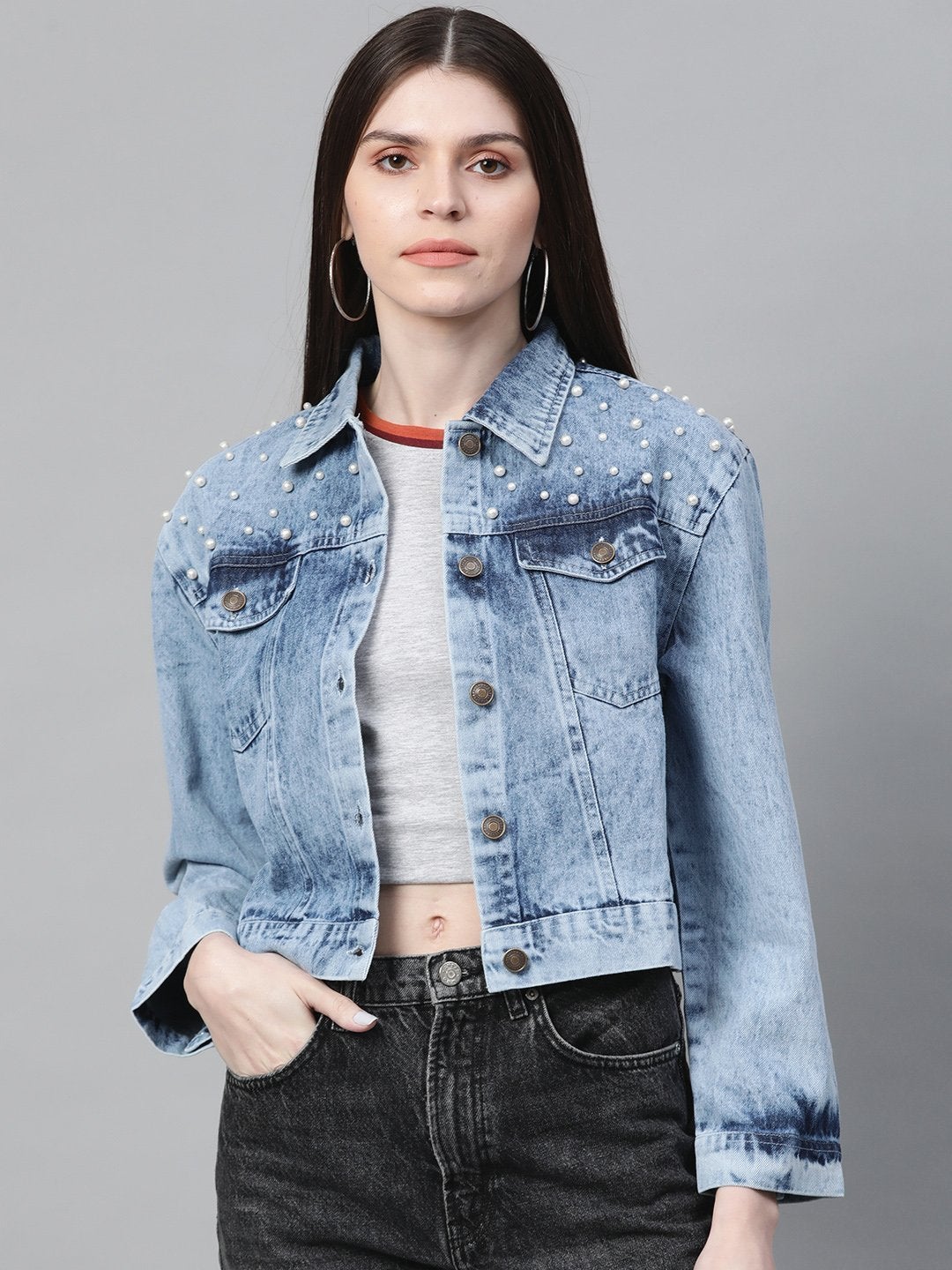 Women's Blue Washed Pearl Spead Denim Jacket - SASSAFRAS