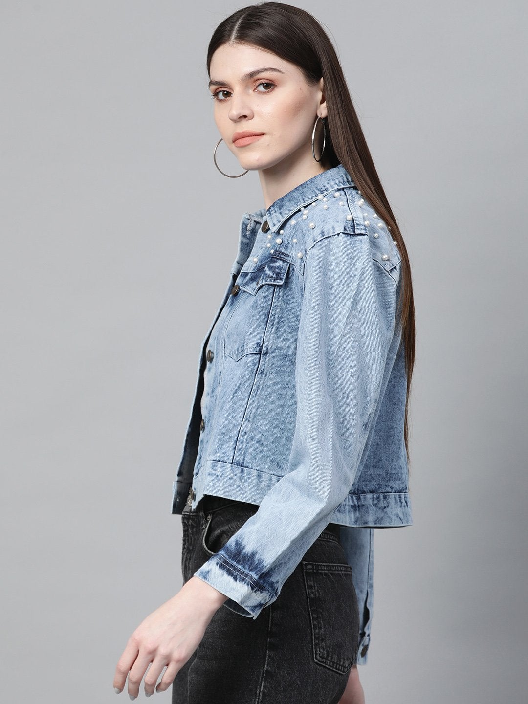 Women's Blue Washed Pearl Spead Denim Jacket - SASSAFRAS