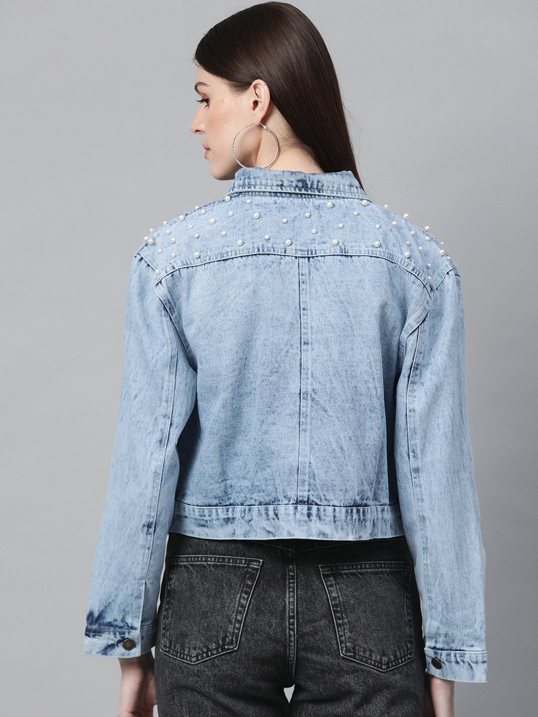 Women's Blue Washed Pearl Spead Denim Jacket - SASSAFRAS