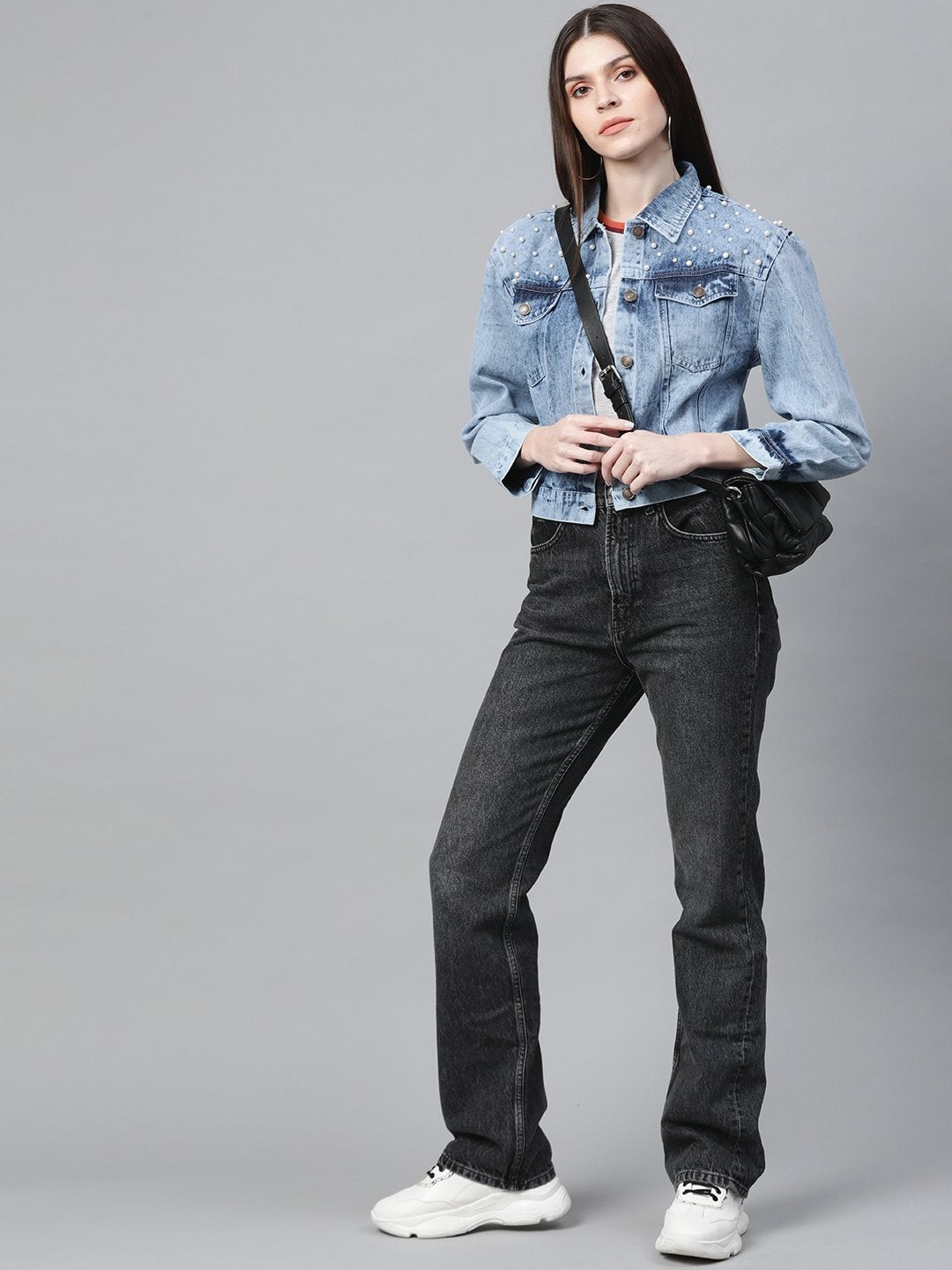 Women's Blue Washed Pearl Spead Denim Jacket - SASSAFRAS