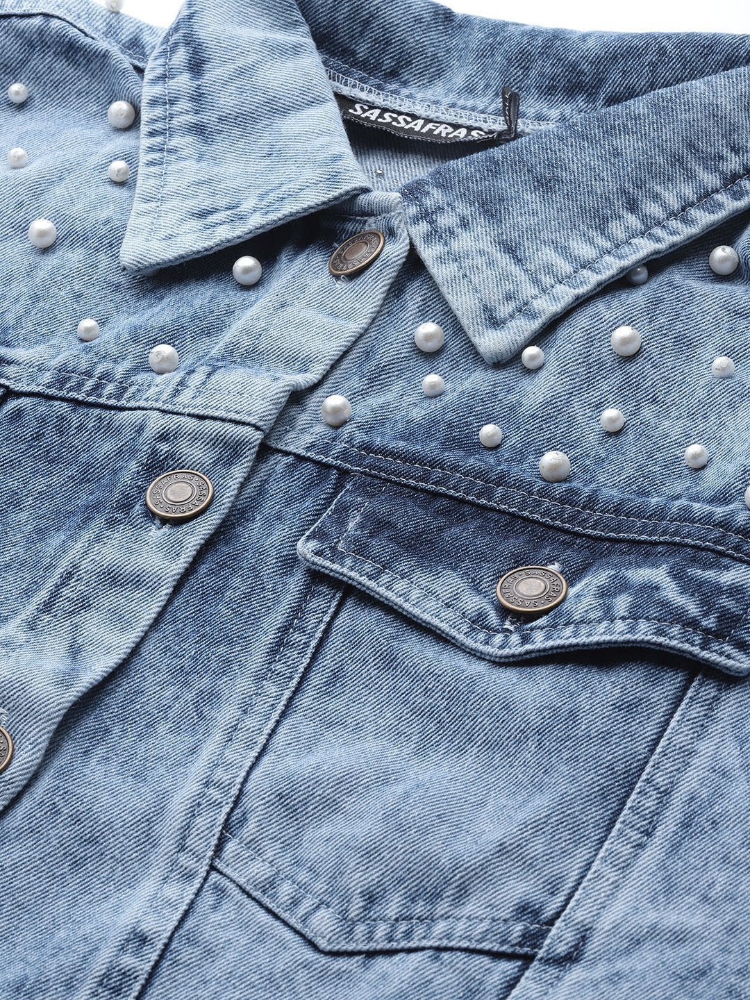 Women's Blue Washed Pearl Spead Denim Jacket - SASSAFRAS