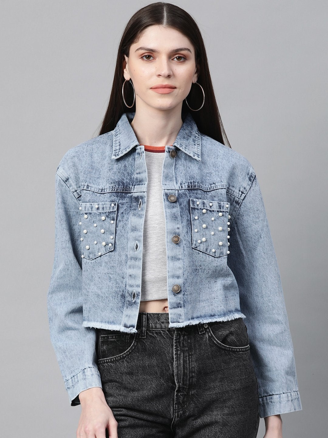 Women's Blue Washed Denim Pearl Pocket Jacket - SASSAFRAS