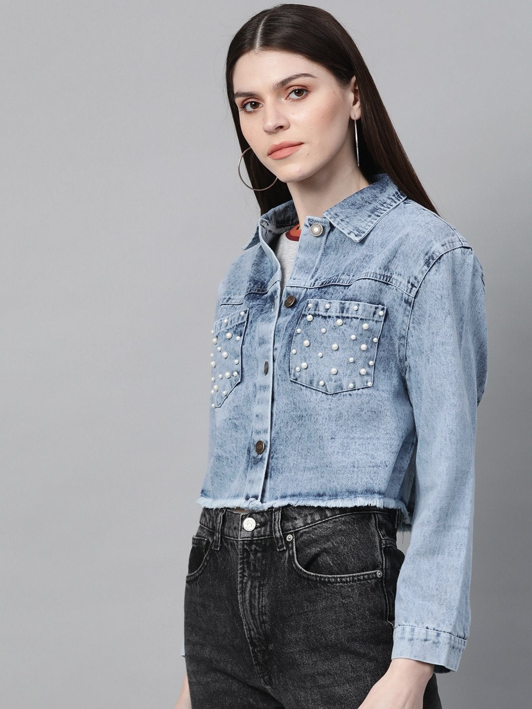 Women's Blue Washed Denim Pearl Pocket Jacket - SASSAFRAS