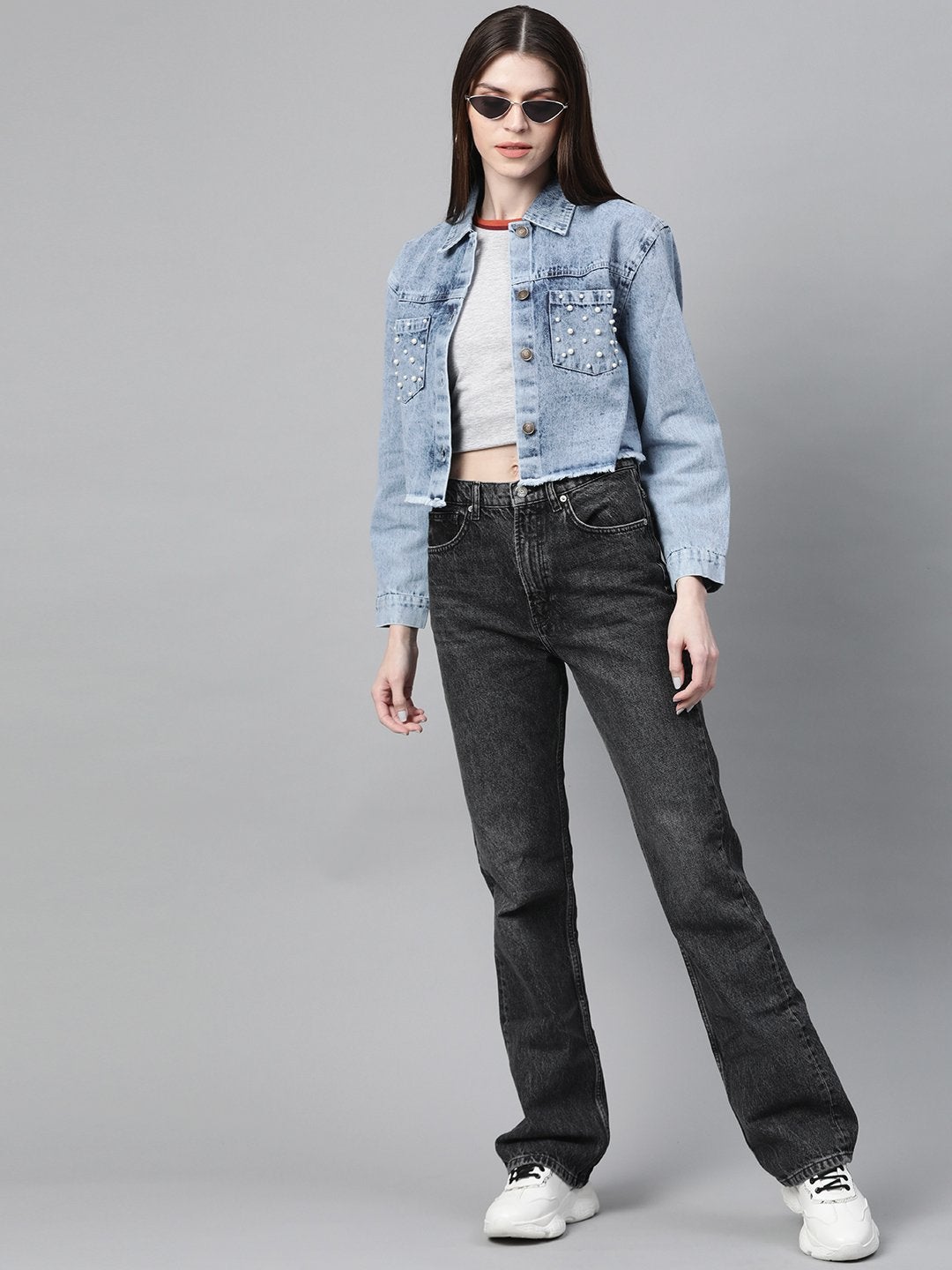 Women's Blue Washed Denim Pearl Pocket Jacket - SASSAFRAS