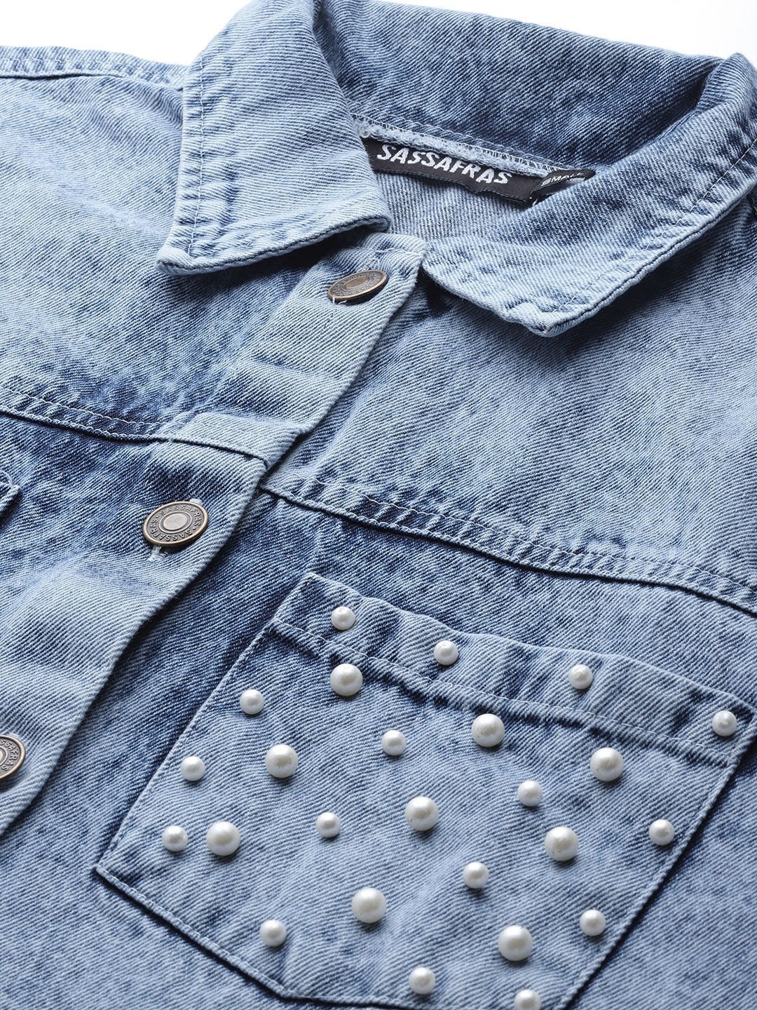 Women's Blue Washed Denim Pearl Pocket Jacket - SASSAFRAS