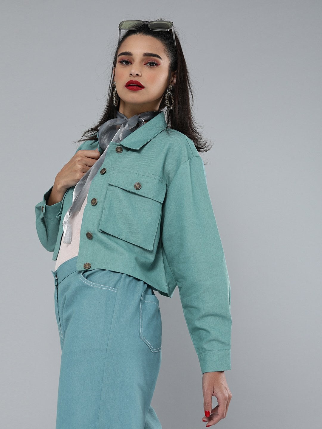 Women's Sea Green Boxy Twill Jacket - SASSAFRAS