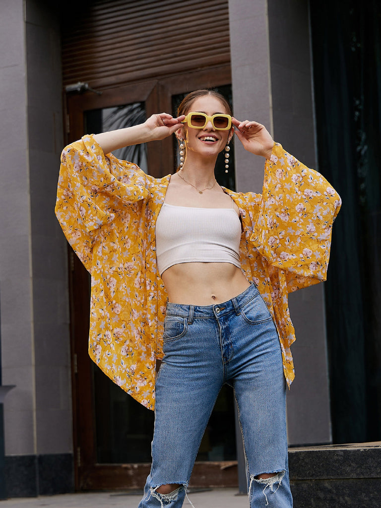 Women's Yellow Floral Front Open Shrug
