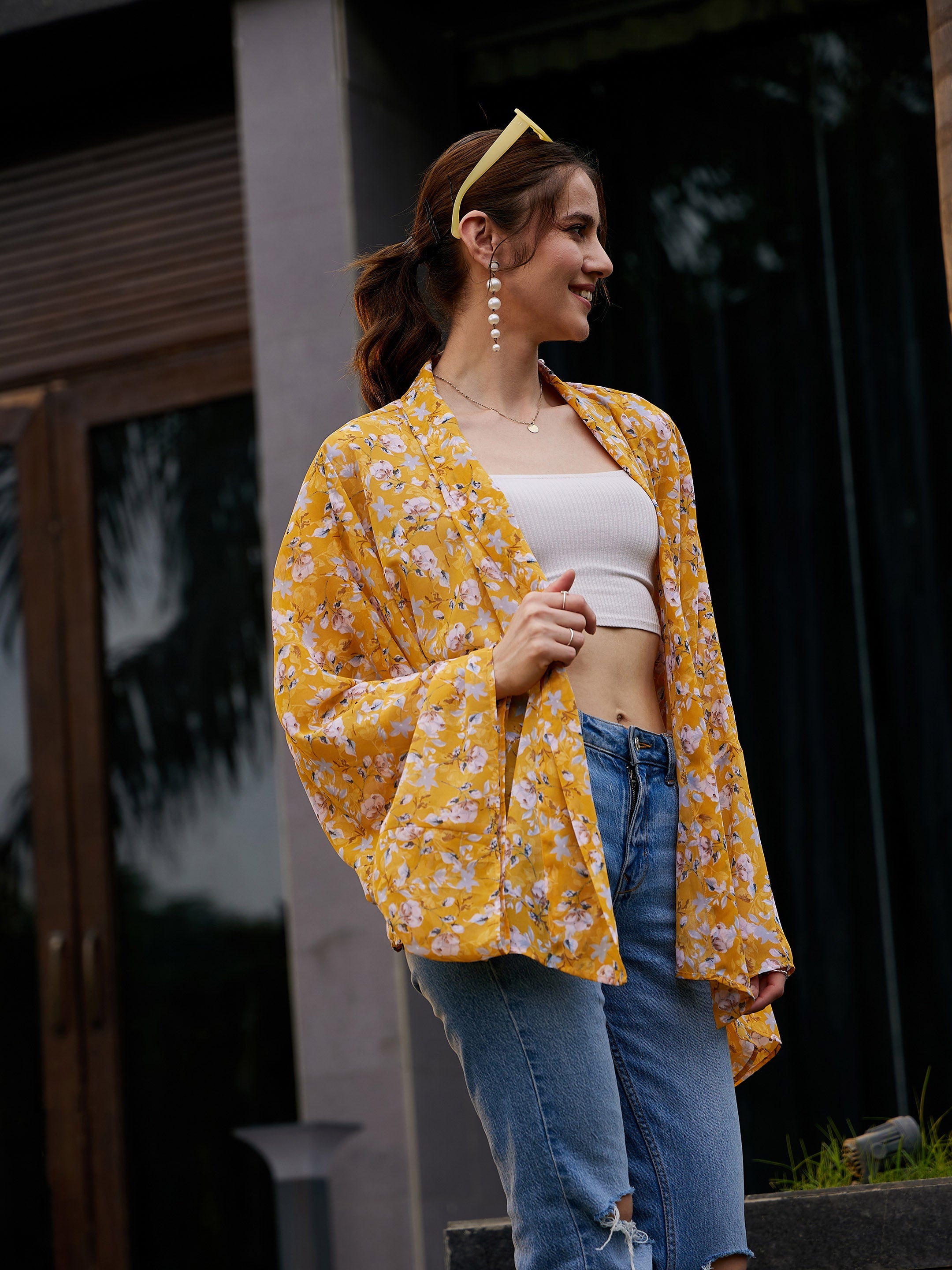 Women's Yellow Floral Front Open Shrug