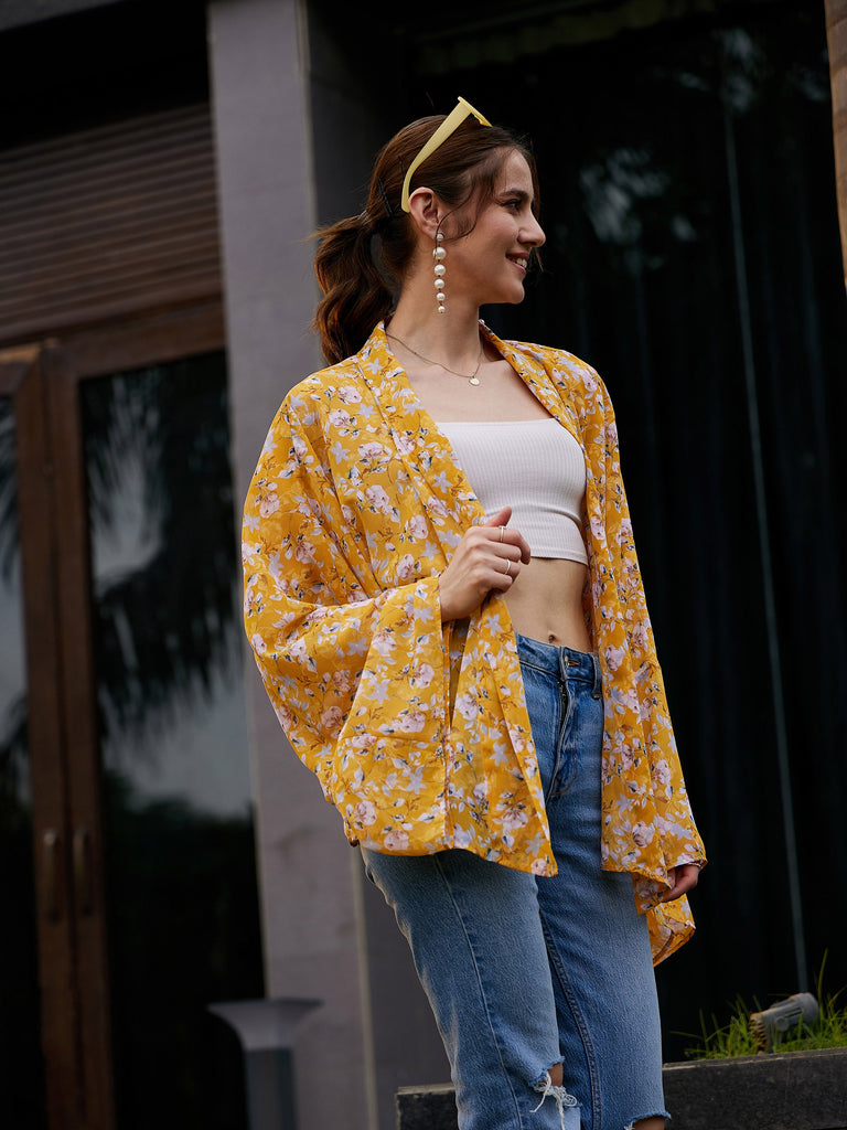 Women's Yellow Floral Front Open Shrug