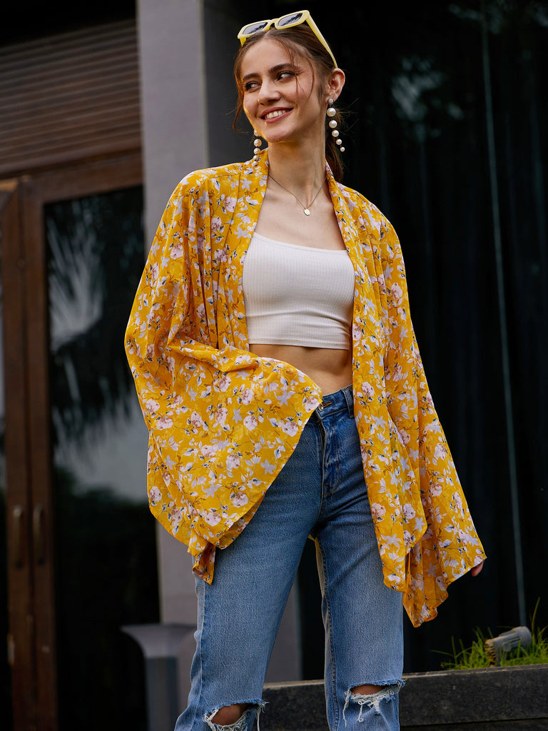 Women's Yellow Floral Front Open Shrug