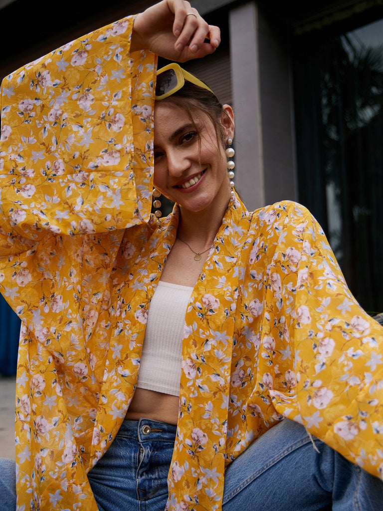 Women's Yellow Floral Front Open Shrug