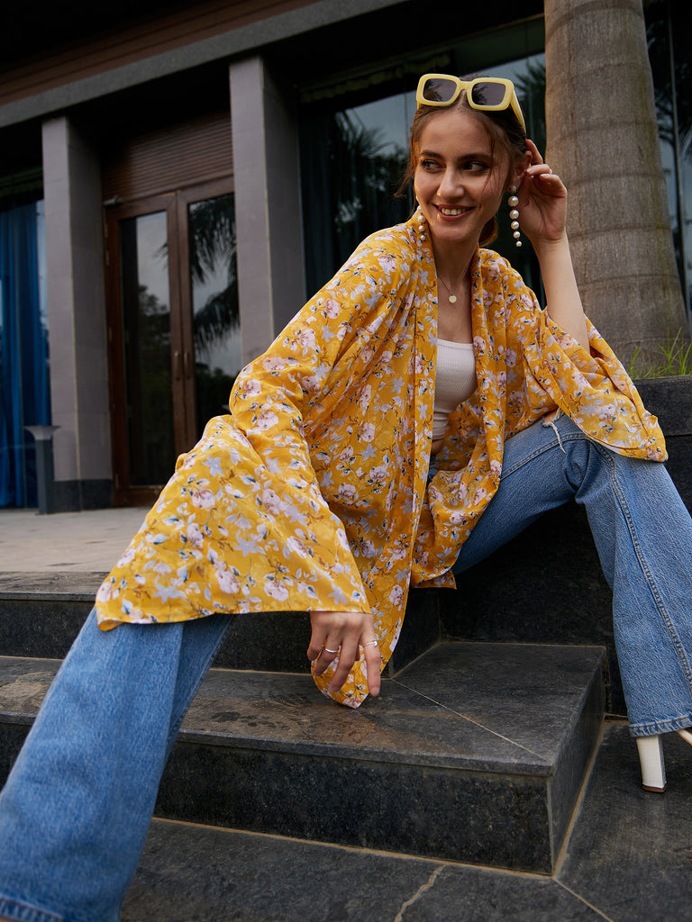 Women's Yellow Floral Front Open Shrug