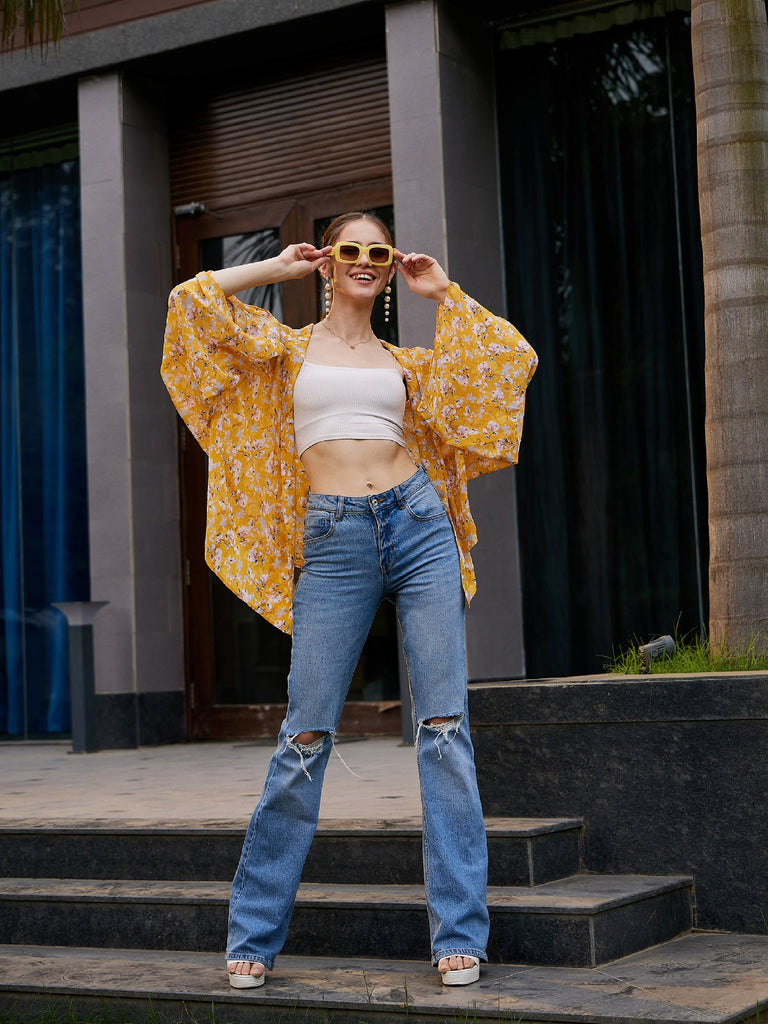 Women's Yellow Floral Front Open Shrug