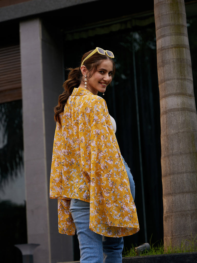 Women's Yellow Floral Front Open Shrug