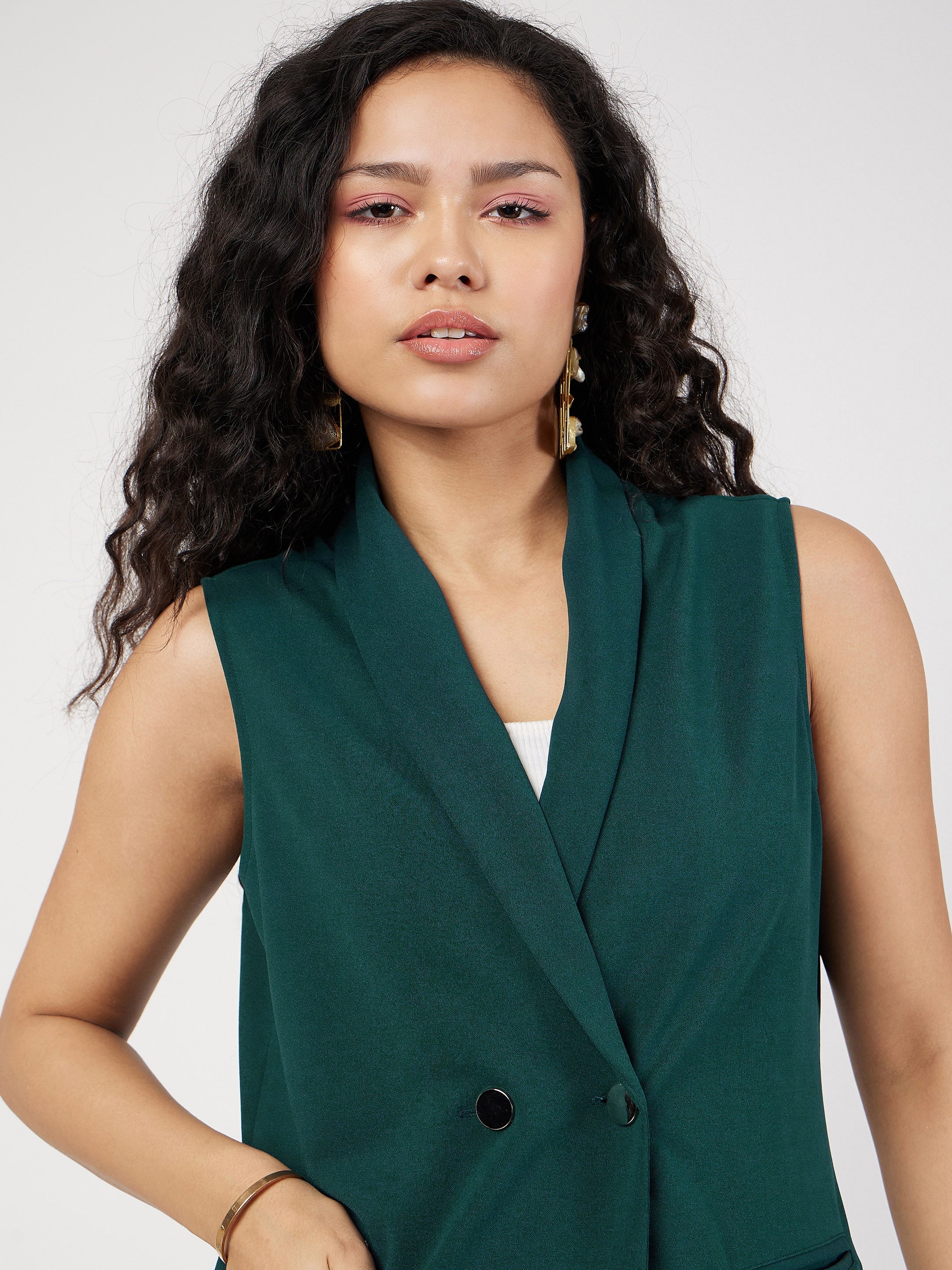 Women's Emerald Double-Breast Sleeveless Longline Blazer - Lyush