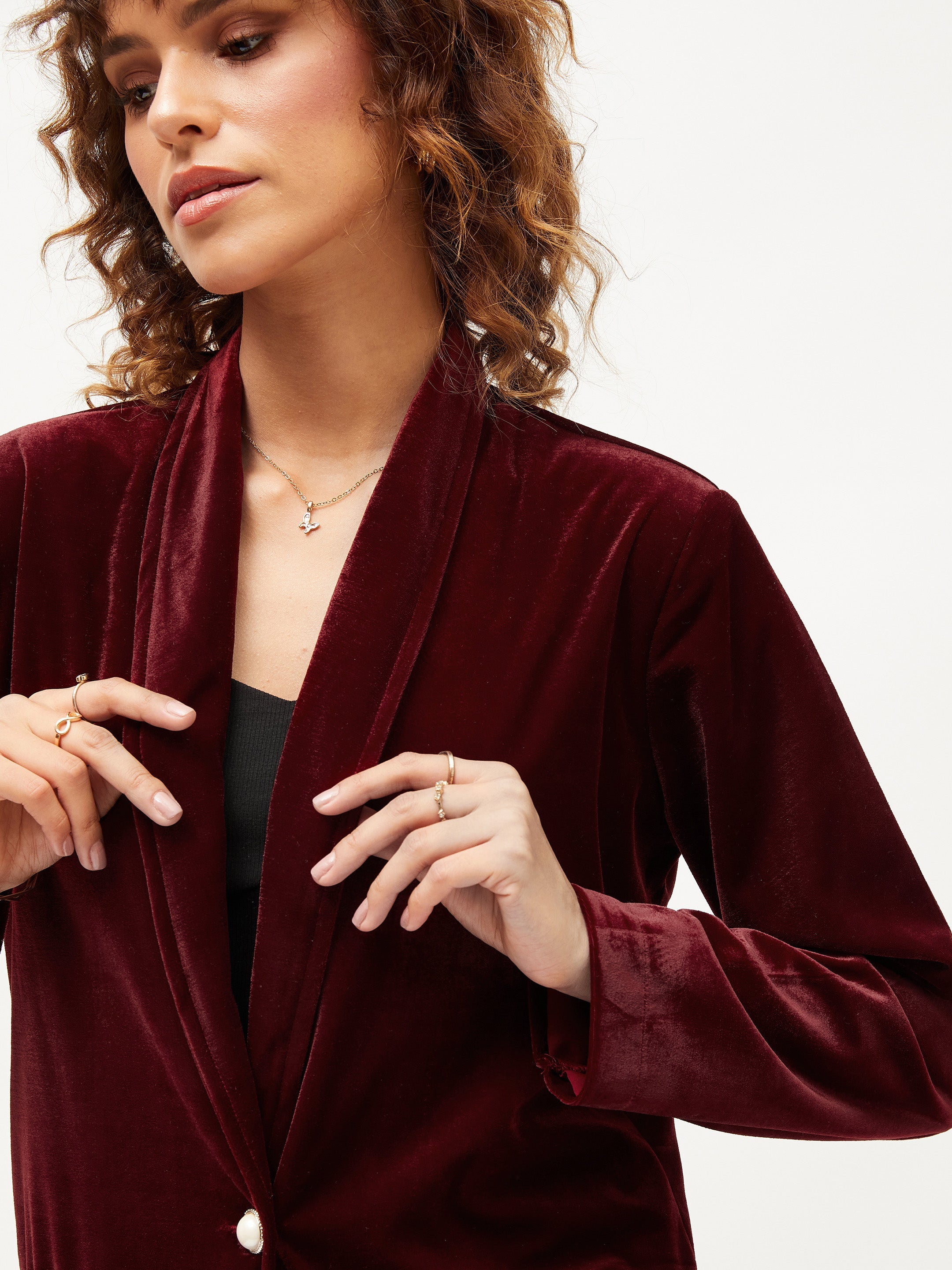 Women's Maroon Velvet Shawl Collar Blazer - Lyush