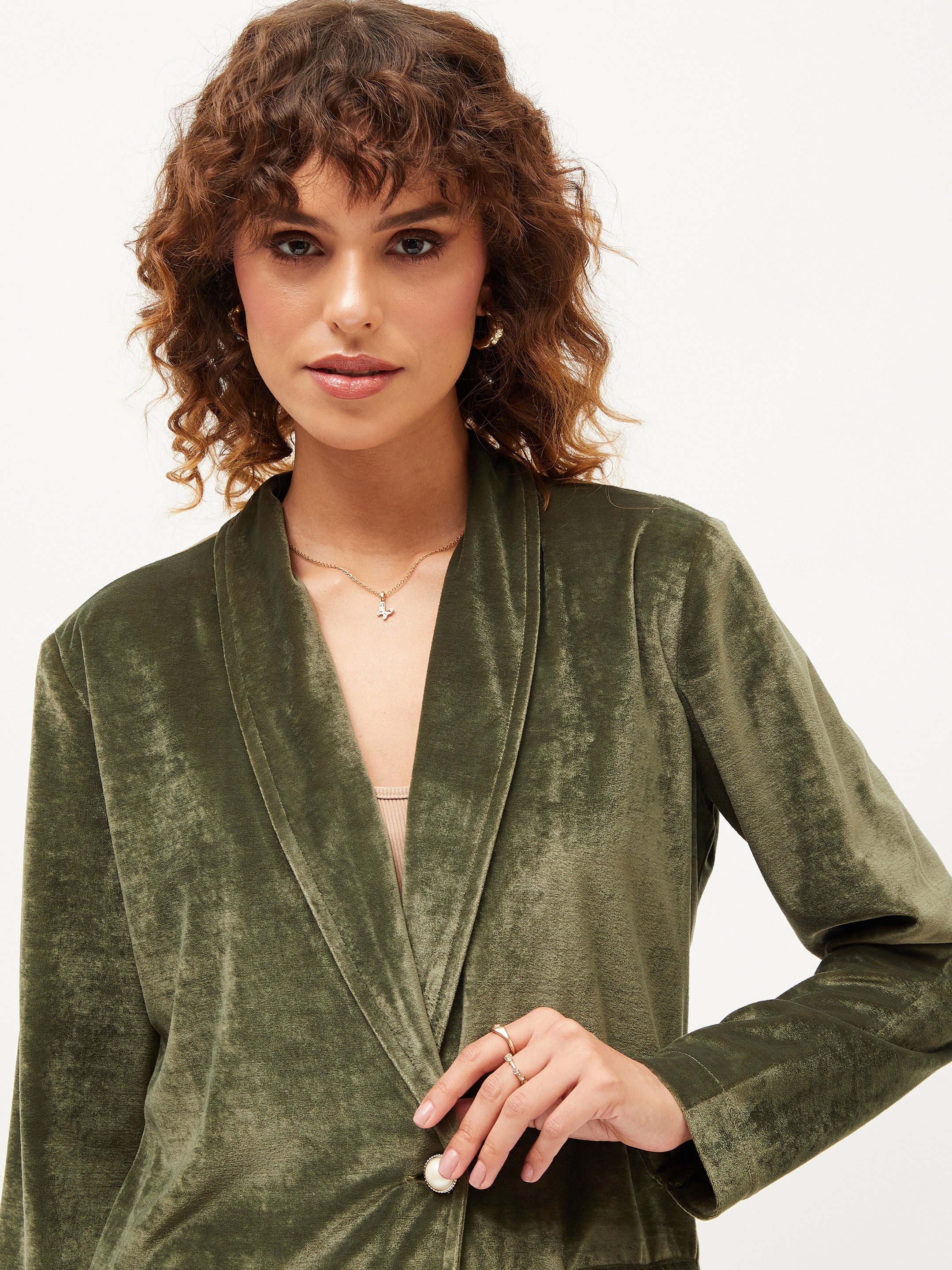 Women's Olive Velvet Shawl Collar Blazer - Lyush
