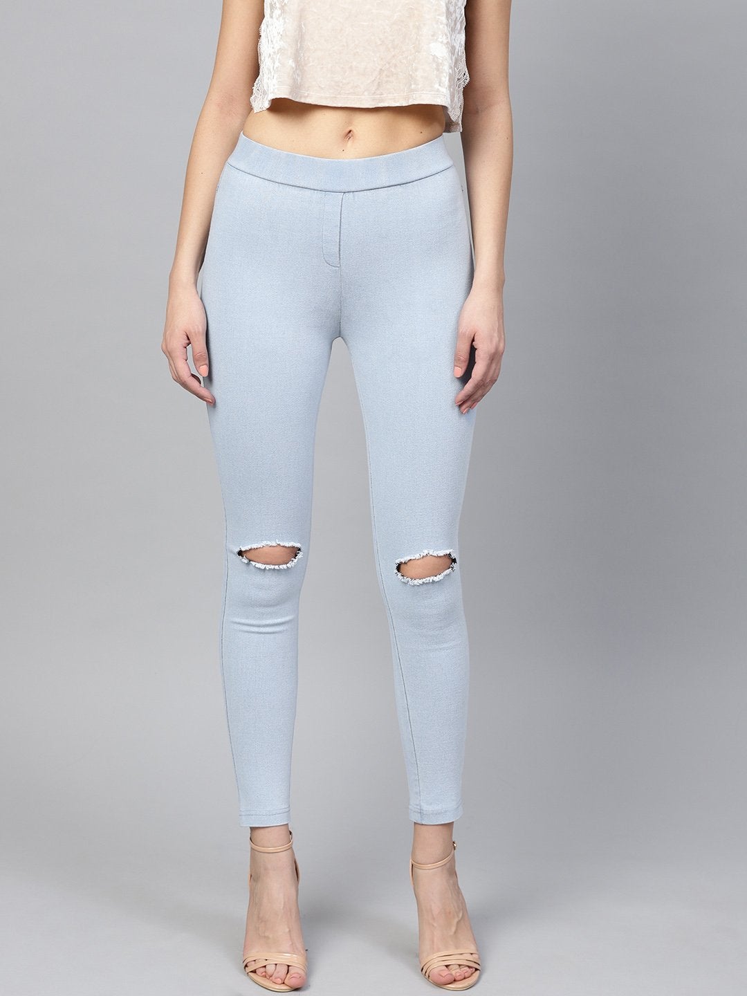 Women's Blue Knee Slit Jeggings - SASSAFRAS