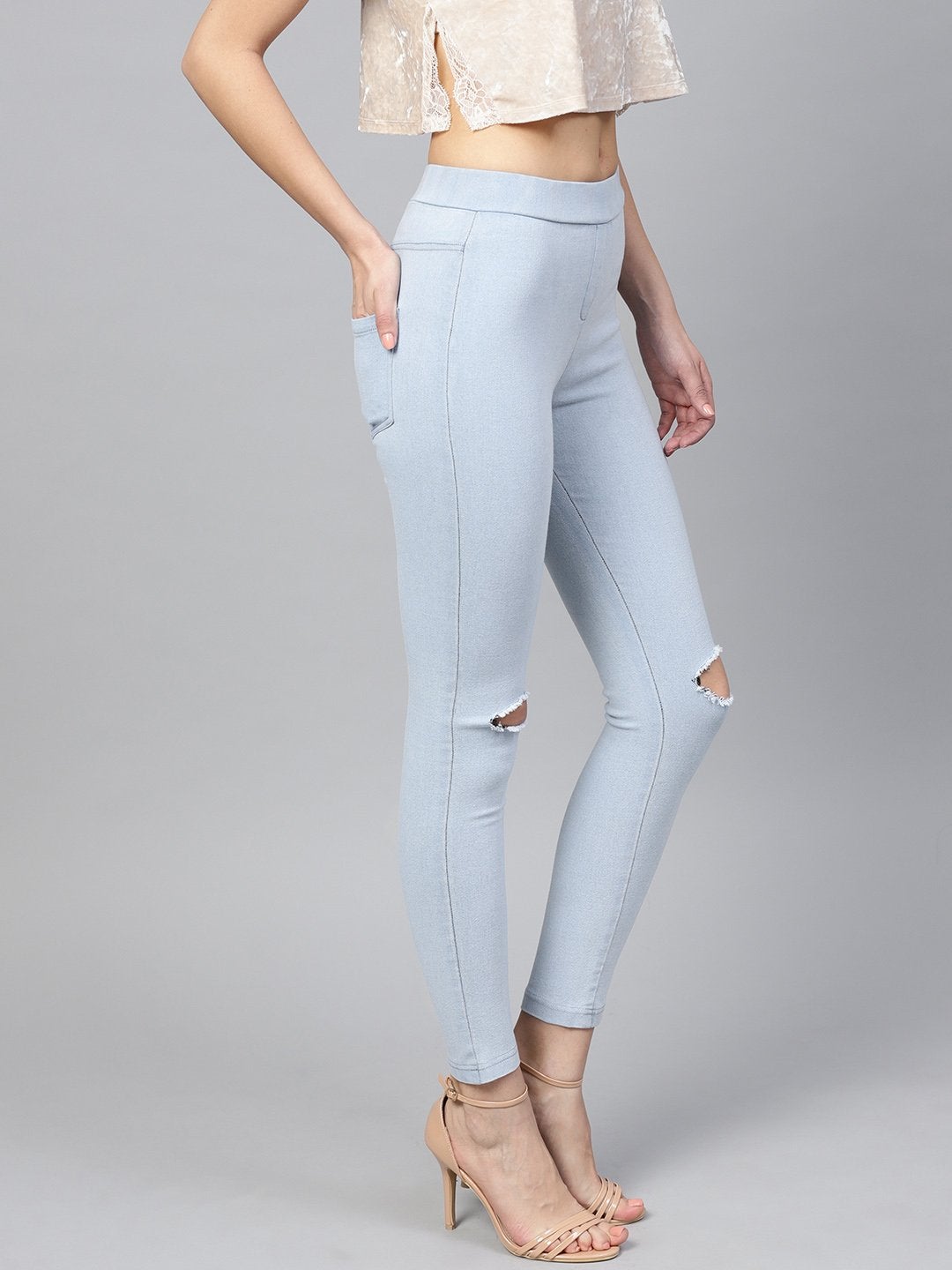 Women's Blue Knee Slit Jeggings - SASSAFRAS