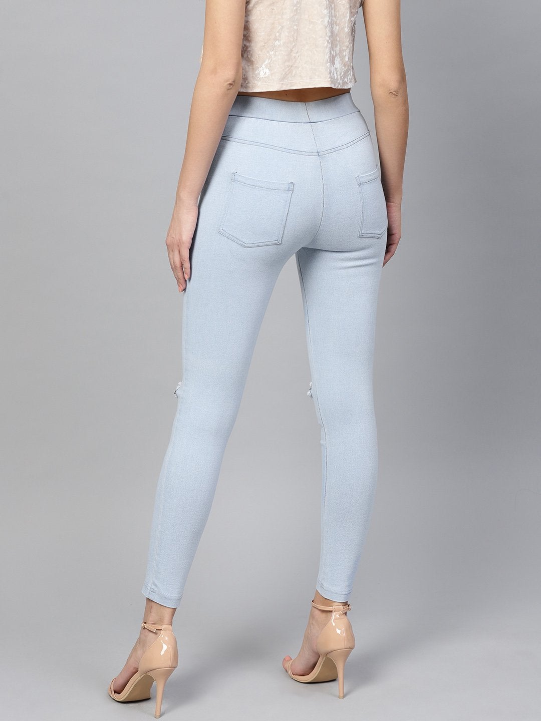 Women's Blue Knee Slit Jeggings - SASSAFRAS