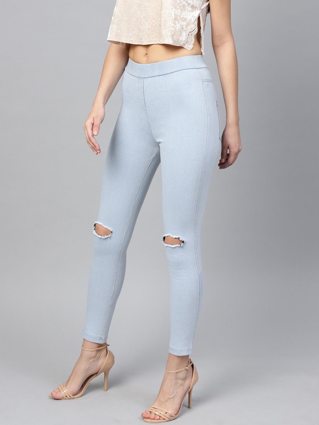 Women's Blue Knee Slit Jeggings - SASSAFRAS