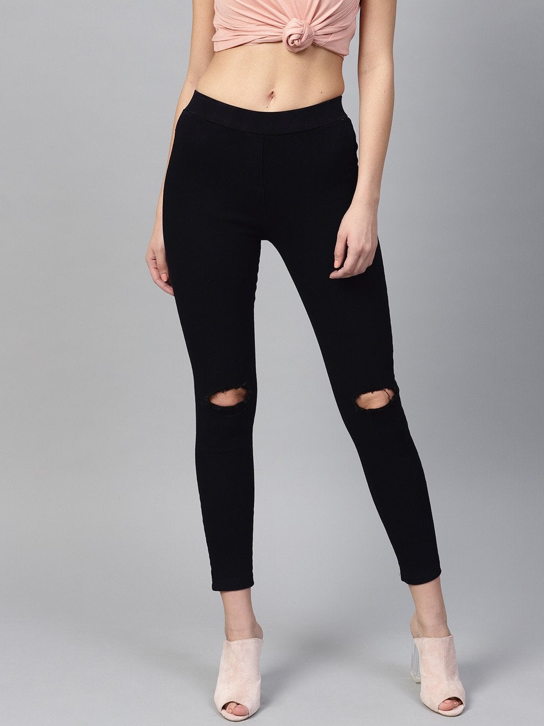 Women's Black Knee Slit Jeggings - SASSAFRAS