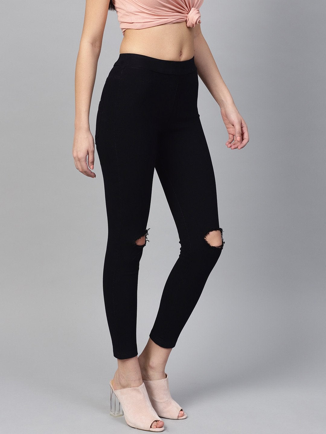 Women's Black Knee Slit Jeggings - SASSAFRAS