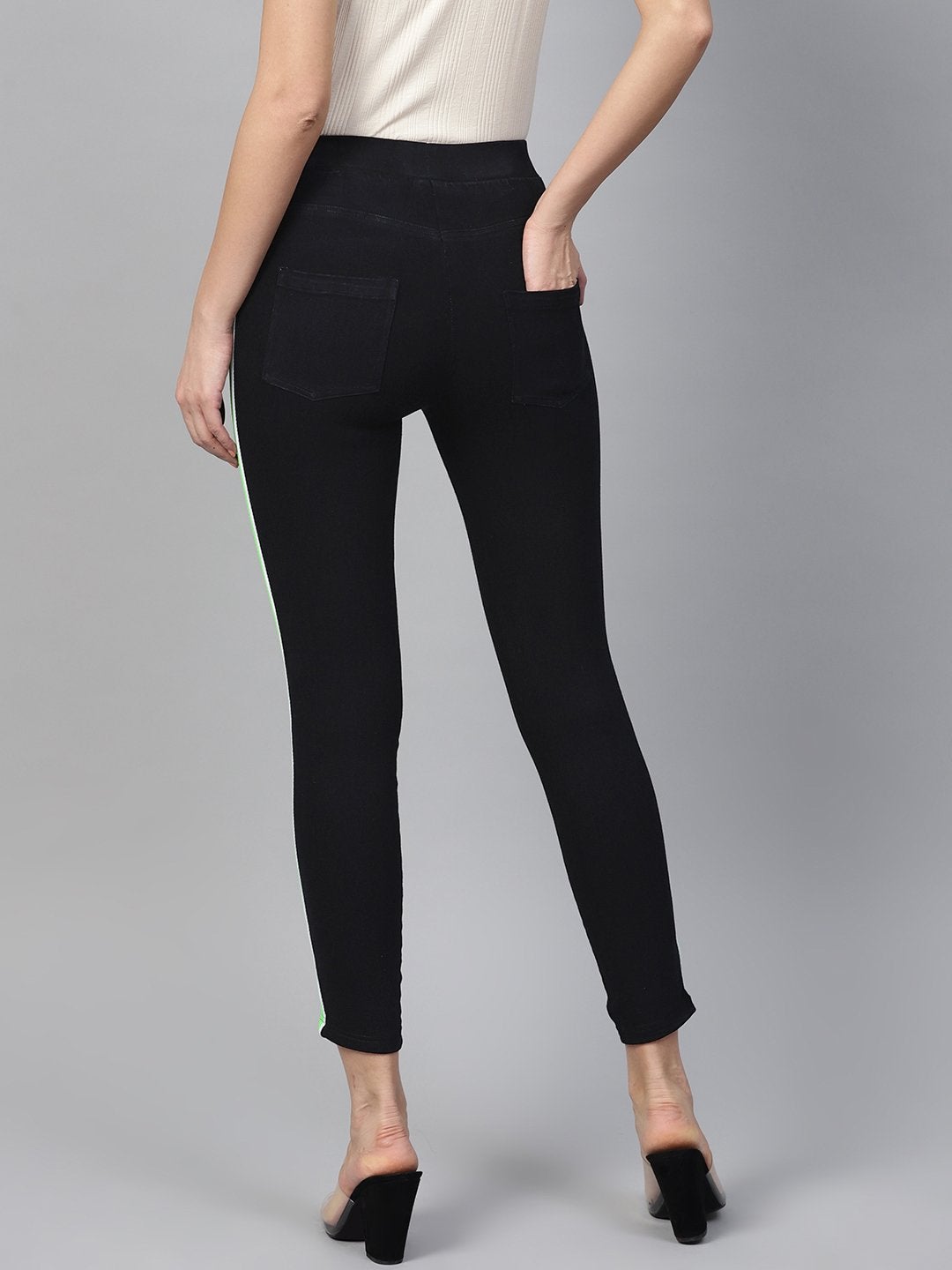 Women's Black Neon Side Tape Jeggings - SASSAFRAS