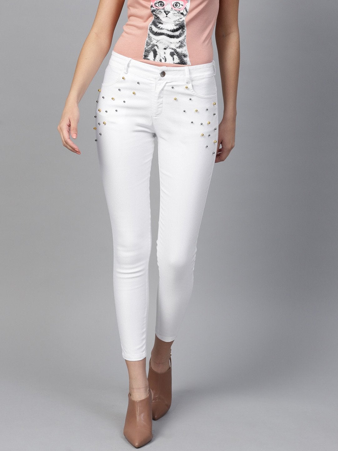 Women's White Front Pocket Embellished Jeans - SASSAFRAS