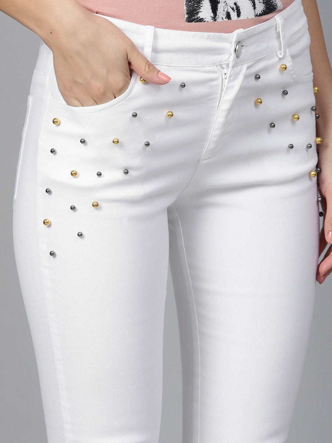 Women's White Front Pocket Embellished Jeans - SASSAFRAS