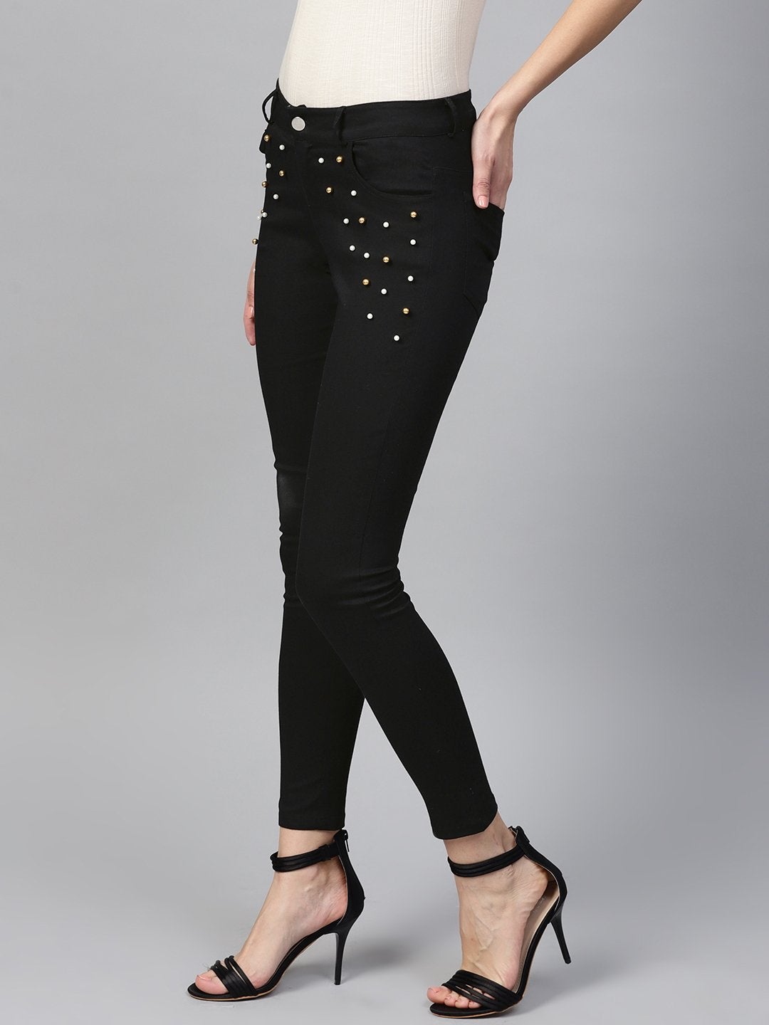 Women's Black Front Pocket Embellished Jeans - SASSAFRAS