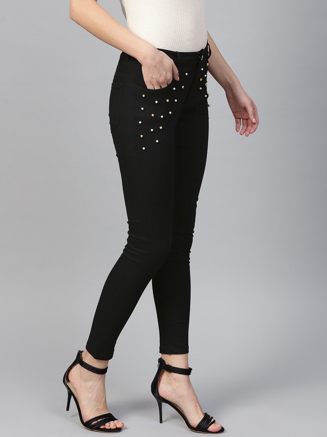 Women's Black Front Pocket Embellished Jeans - SASSAFRAS