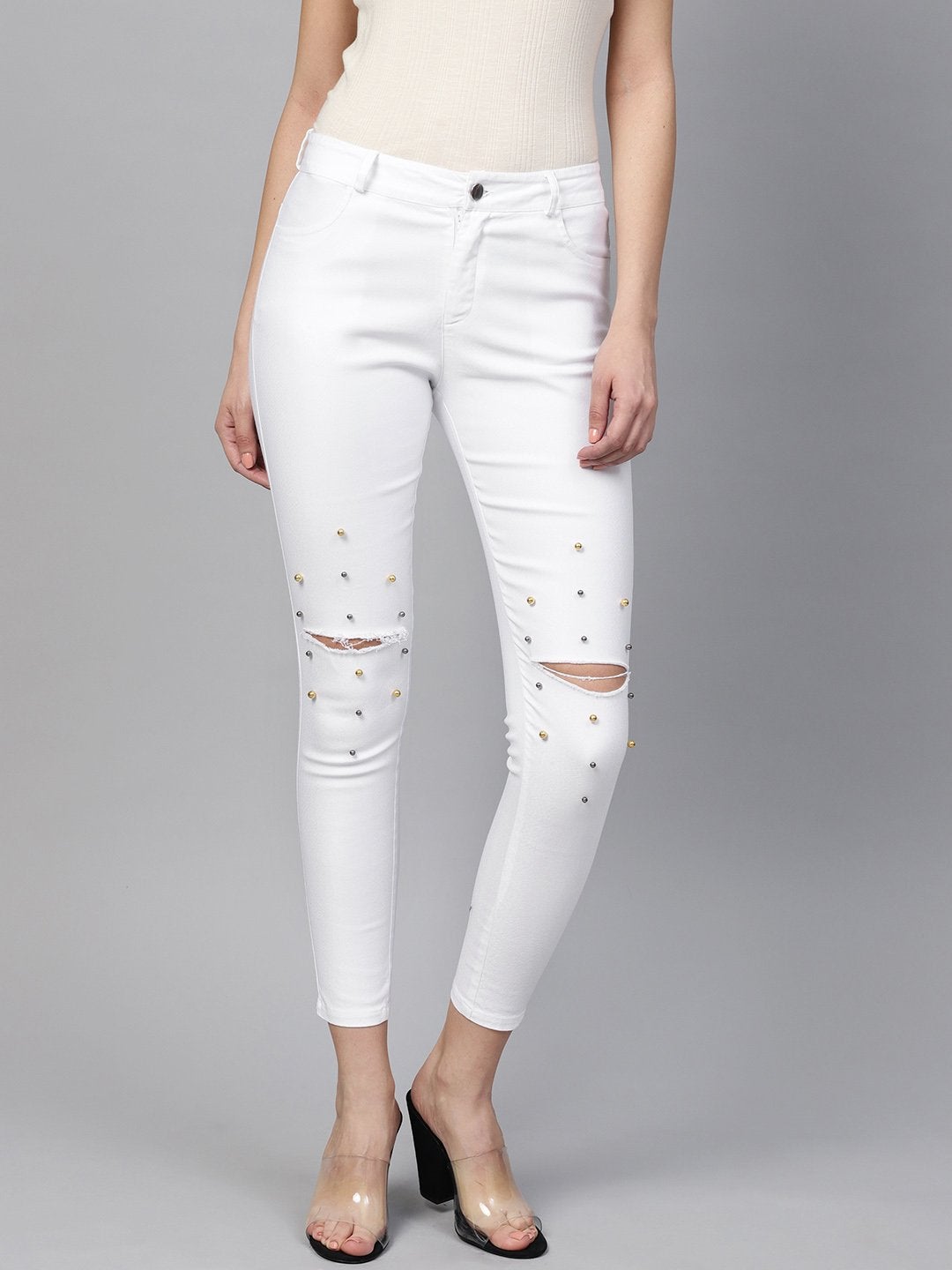 Women's White Pearl Embellished Slit Knee Jeans - SASSAFRAS