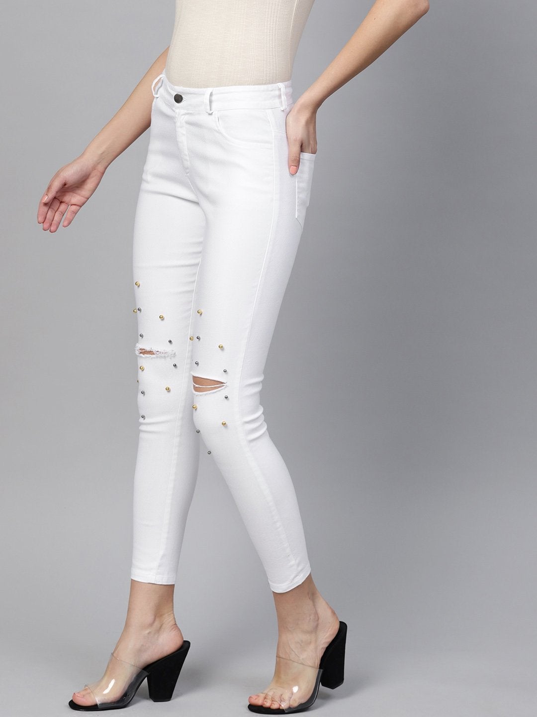 Women's White Pearl Embellished Slit Knee Jeans - SASSAFRAS