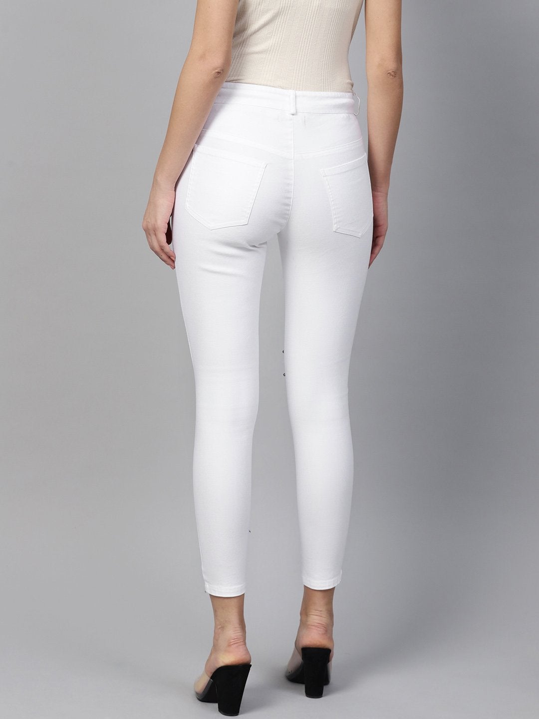 Women's White Pearl Embellished Slit Knee Jeans - SASSAFRAS