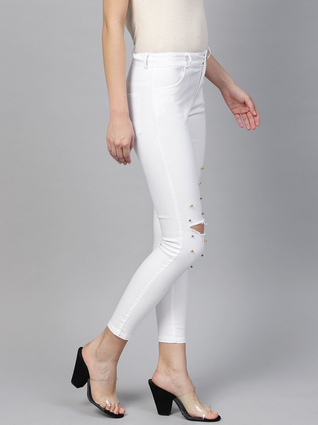 Women's White Pearl Embellished Slit Knee Jeans - SASSAFRAS