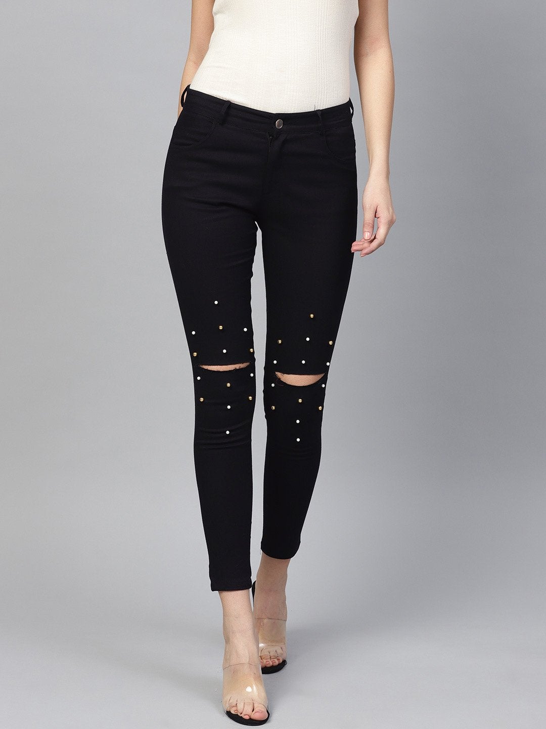 Women's Black Pearl Embellished Slit Knee Jeans - SASSAFRAS