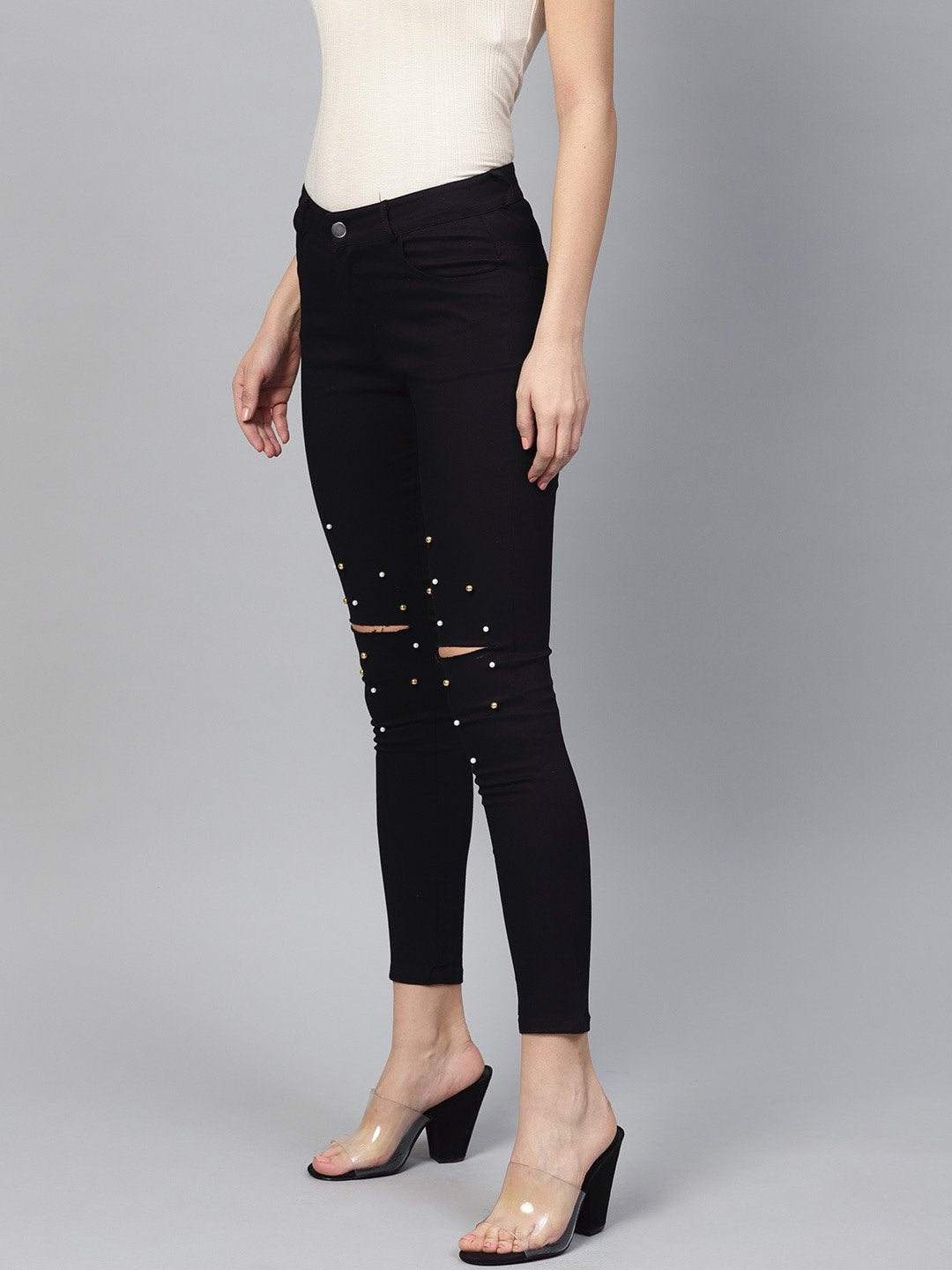 Women's Black Pearl Embellished Slit Knee Jeans - SASSAFRAS