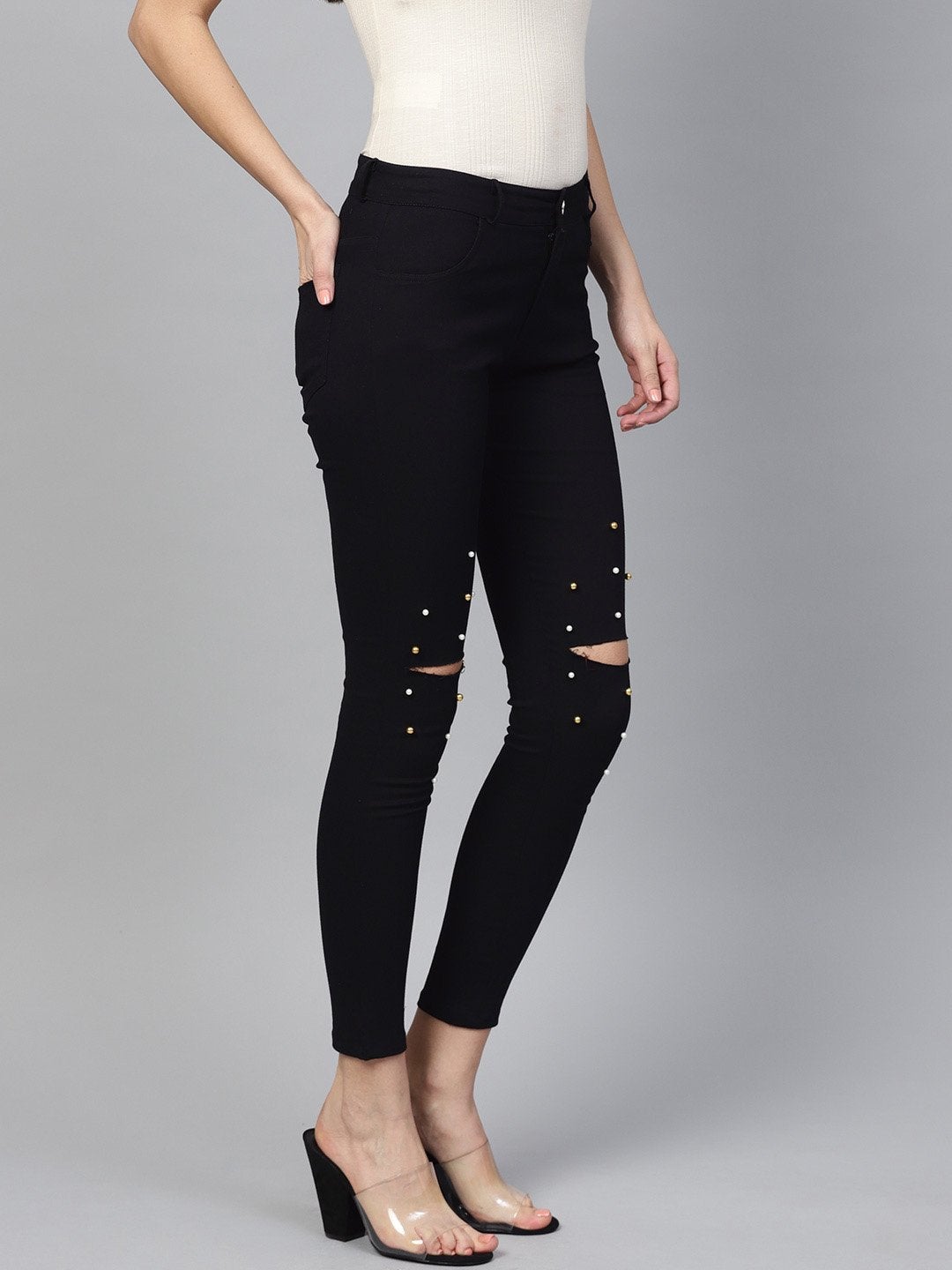 Women's Black Pearl Embellished Slit Knee Jeans - SASSAFRAS