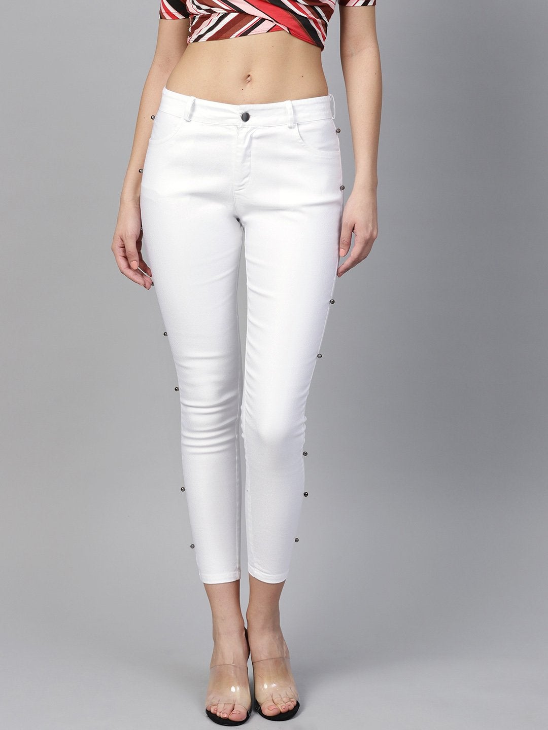 Women's White Side Seam Pearl Jeans - SASSAFRAS