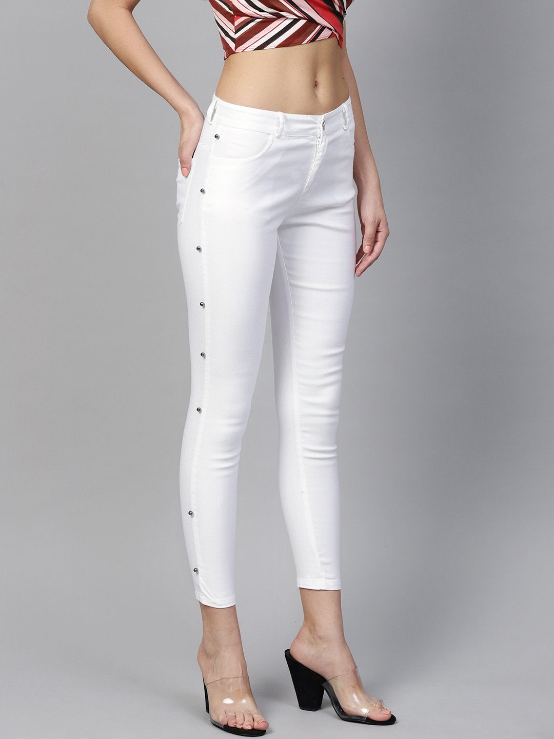 Women's White Side Seam Pearl Jeans - SASSAFRAS