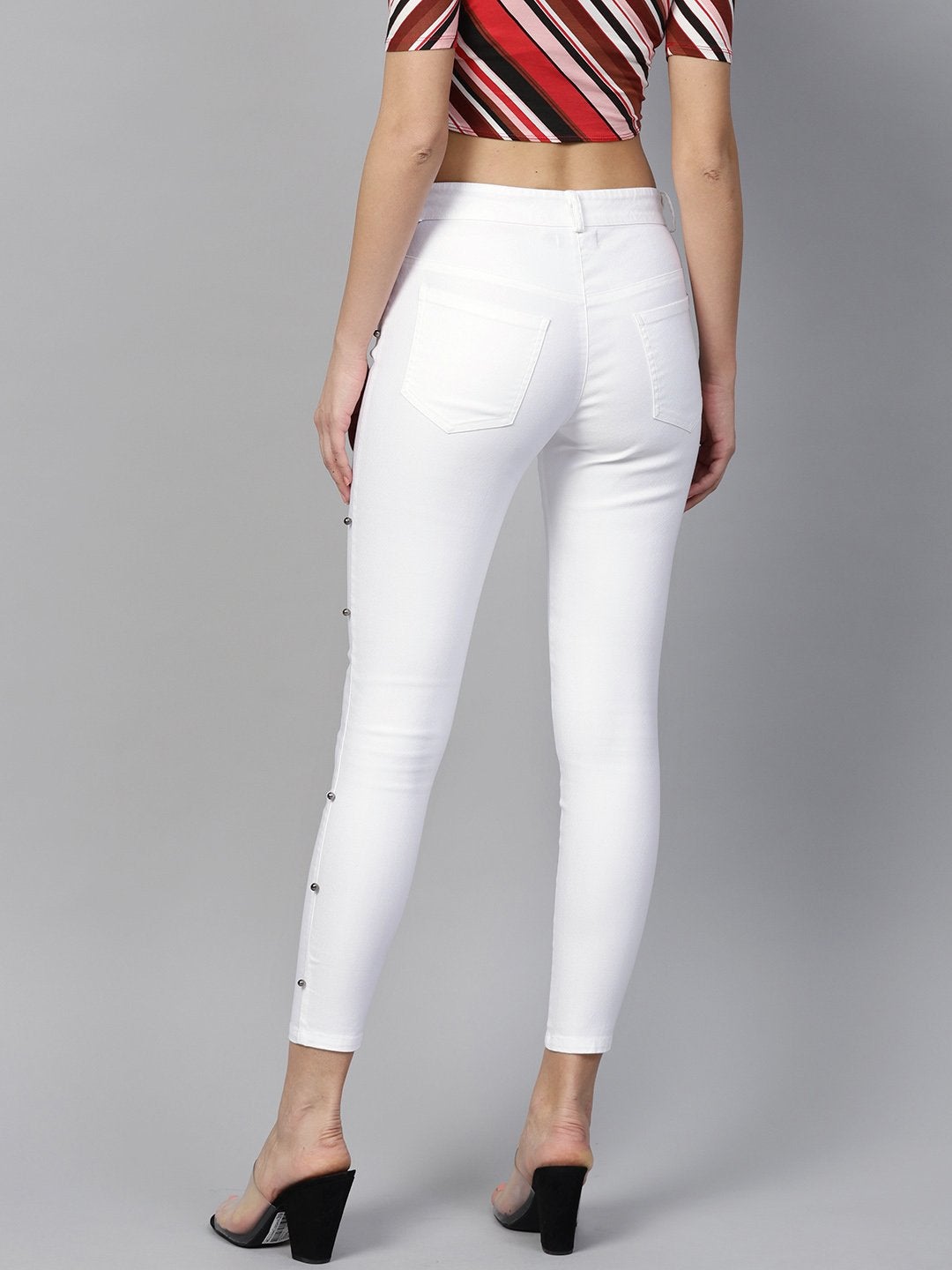 Women's White Side Seam Pearl Jeans - SASSAFRAS