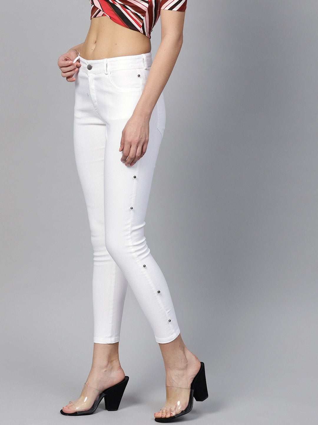 Women's White Side Seam Pearl Jeans - SASSAFRAS